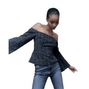 🆕ZARA Size S Blue and White Tweed Off the Shoulders Top